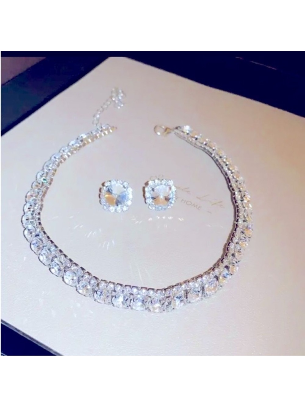 Crystal Halo Necklace and Stud Earrings Set - Silver Tone